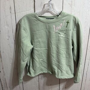 Fifth Sun Light Green Sweatshirt with Love and Cross Graphic Crop length